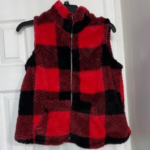 SHEIN Red & Black Buffalo Plaid Fleece Vest